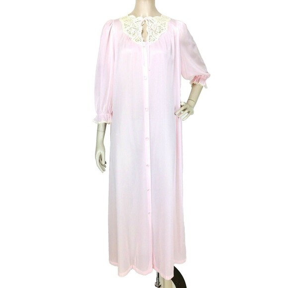Vintage Miss Elaine Pink Nylon Lace Trim Button-Down Peignoir Robe Size Medium - Picture 3 of 12